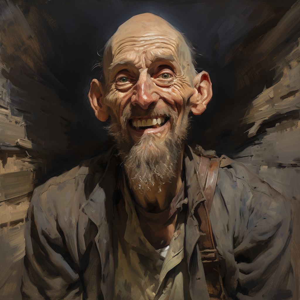 Old hobo man with missing teeth holding dynamite