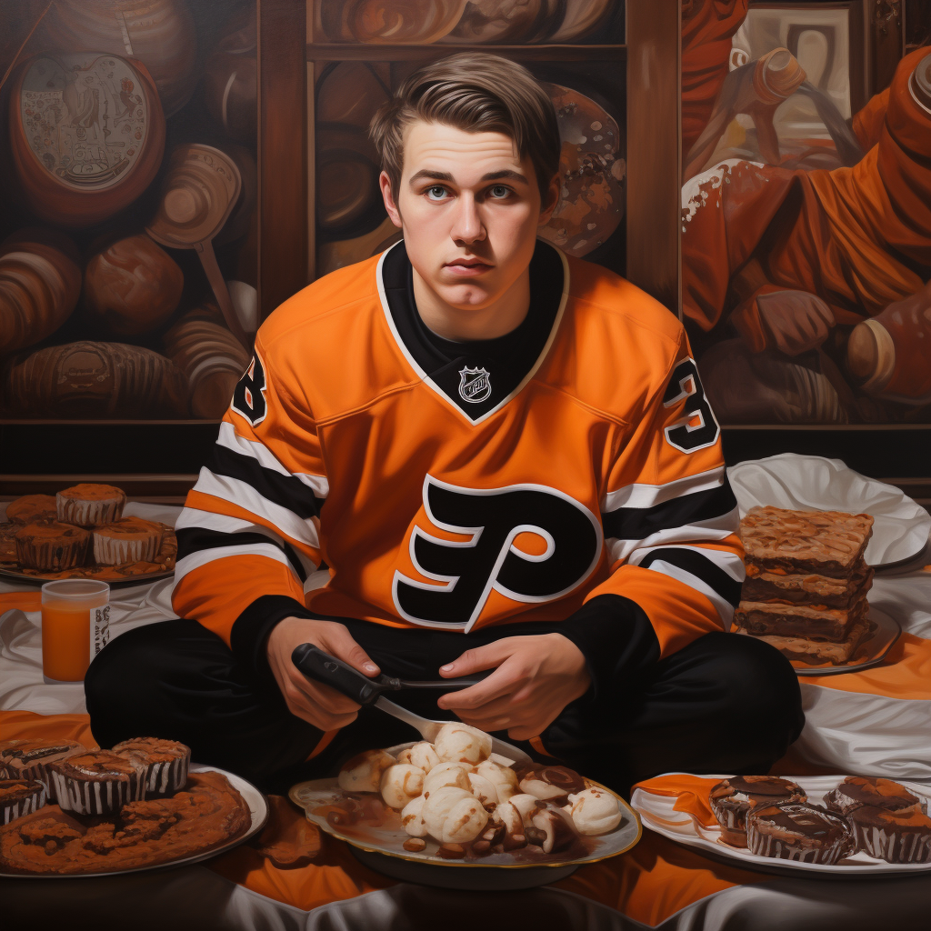 Talented hockey player enjoying a tasty cinnamon bun