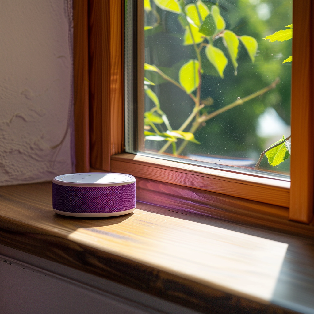 Purple speaker and hockey puck