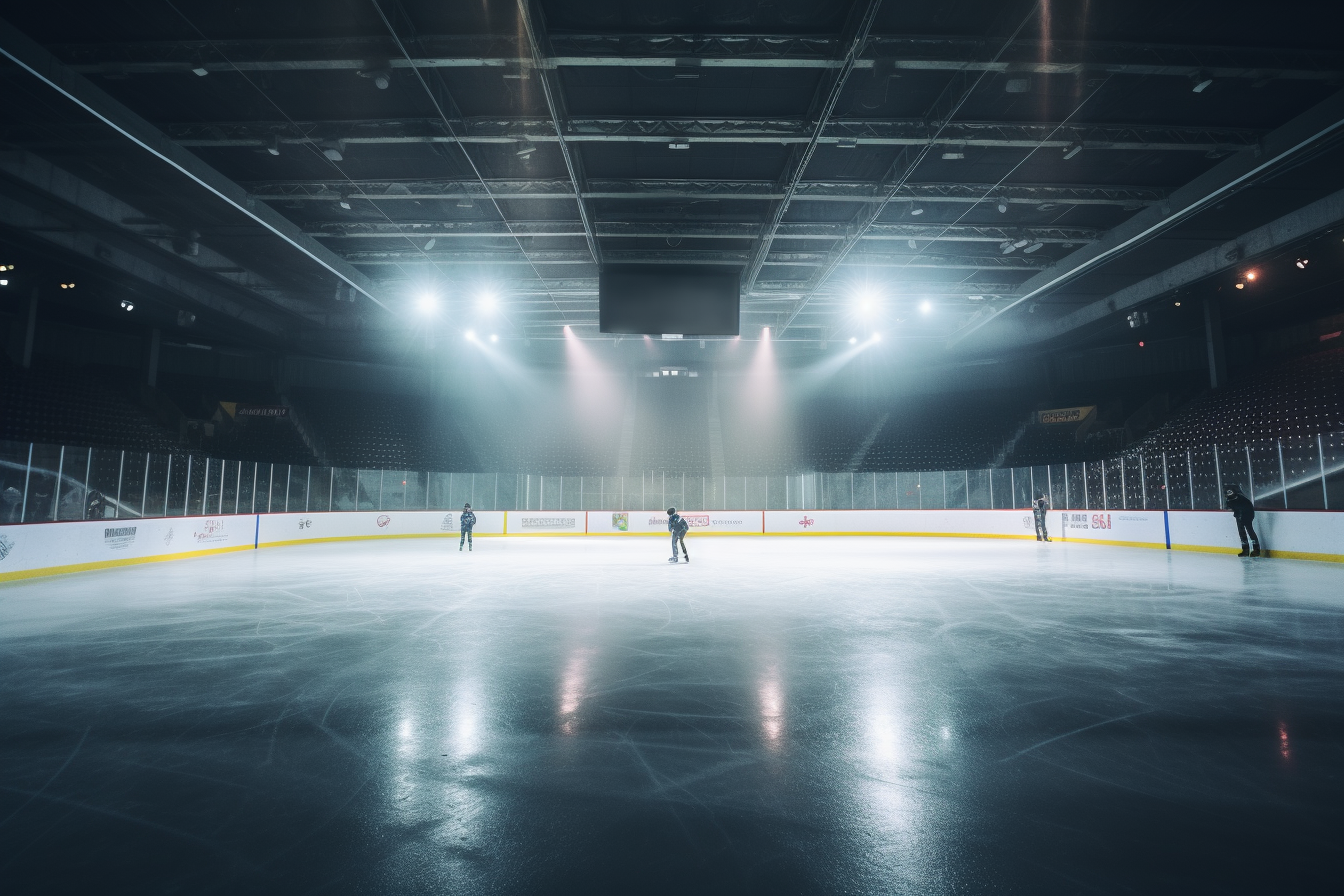 Group of people standing on lit hockey rink