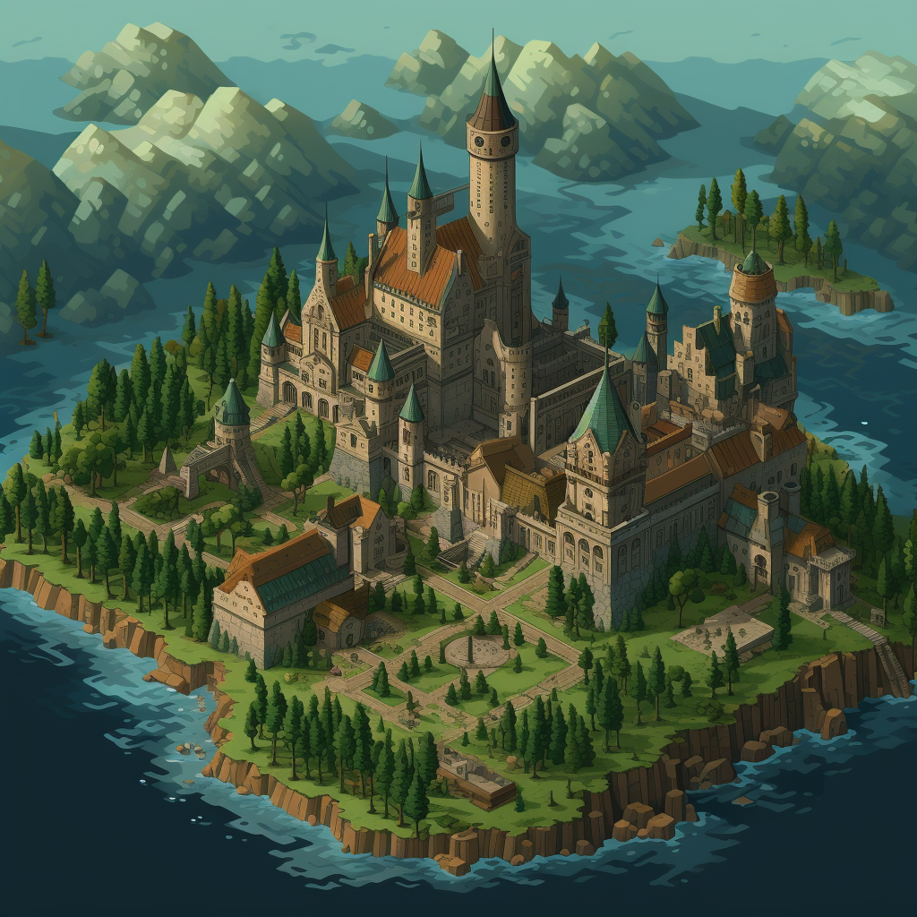 Aerial view of Hogwarts in pixel art