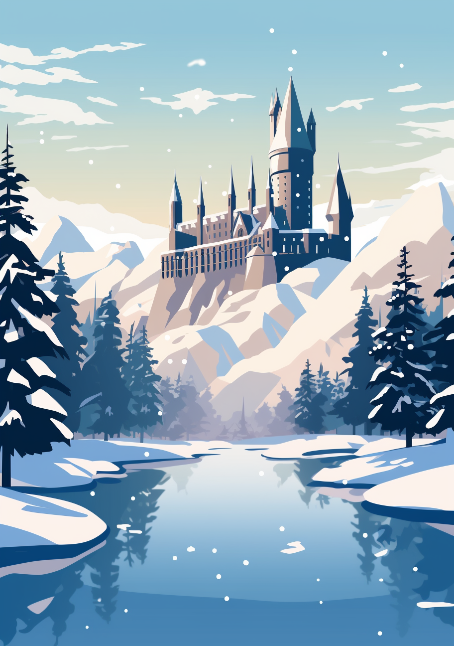 Minimalistic Hogwarts Snowy Day Illustration