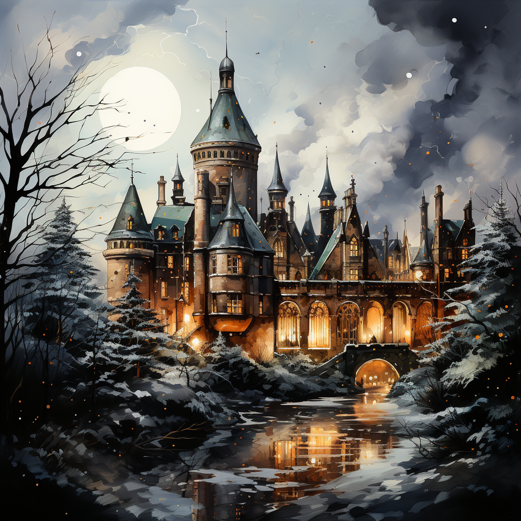 Aquarel illustration of Hogwarts during Christmas