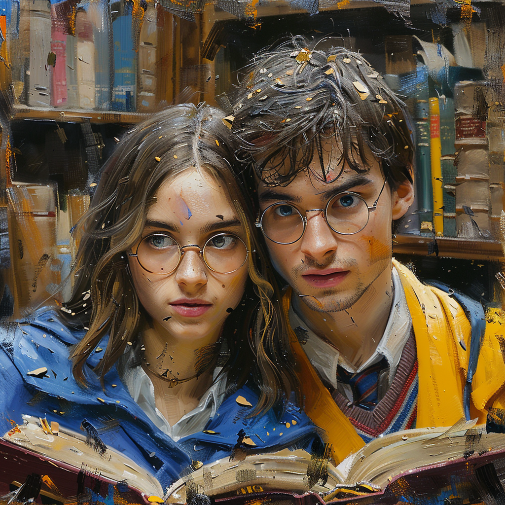 Hogwarts students reading books in wizards uniform