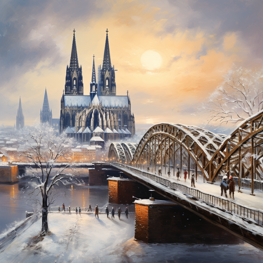 Winter scene with Hohenzollernbrücke, Kölner Dom, and the Rhein