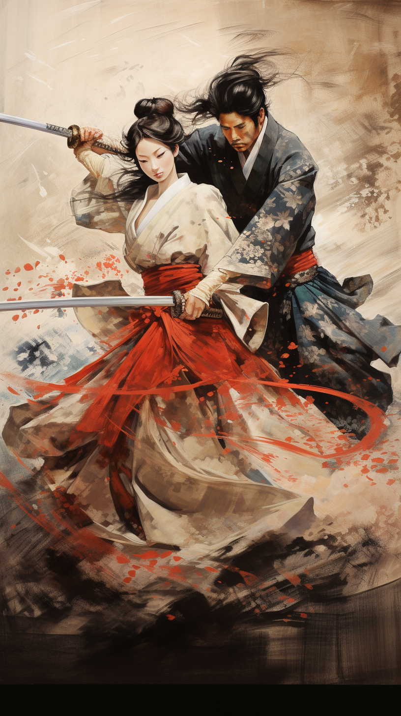 Woman samurai fighting with katana