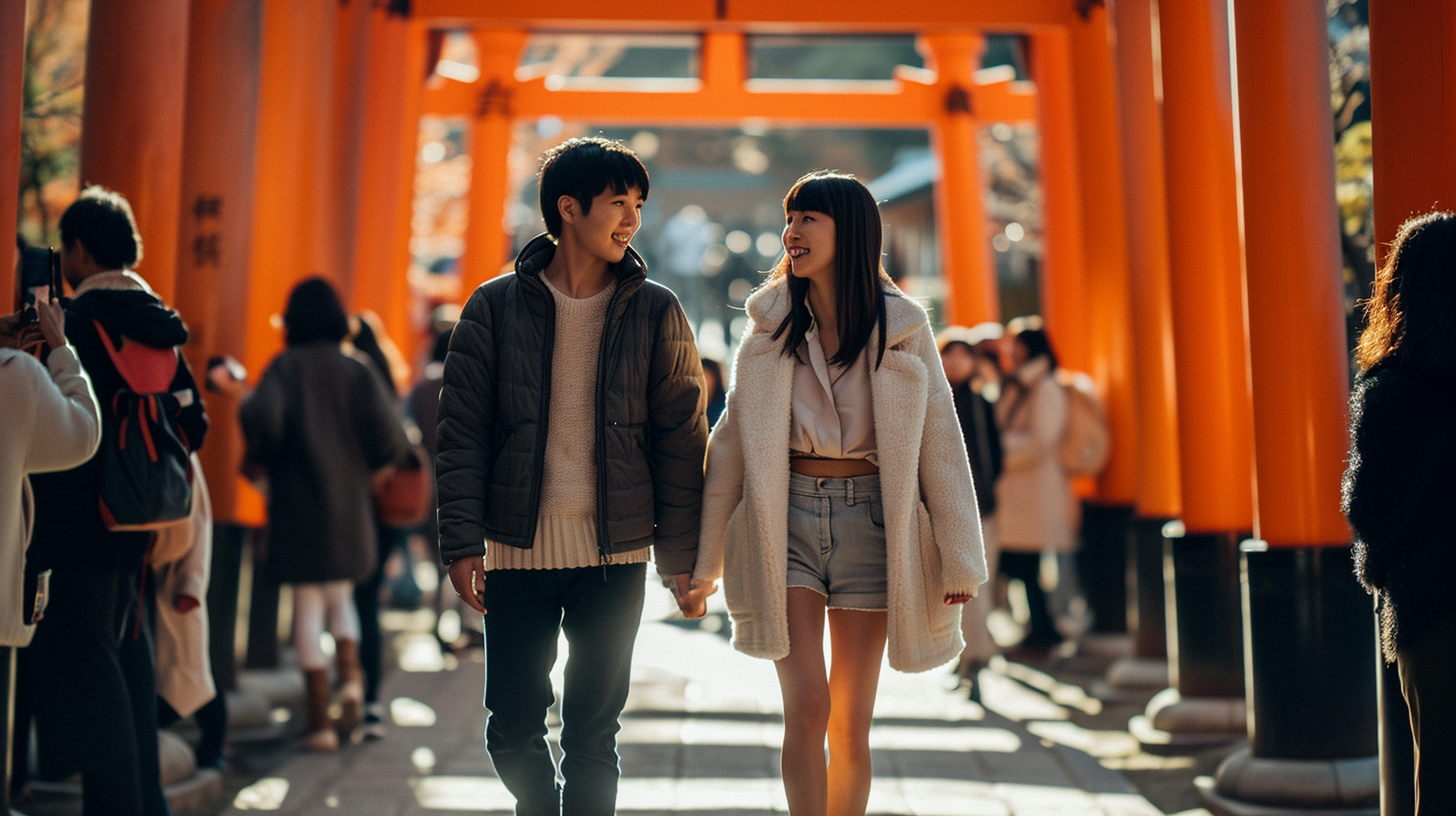 Couple holding hands at Japanese shrine