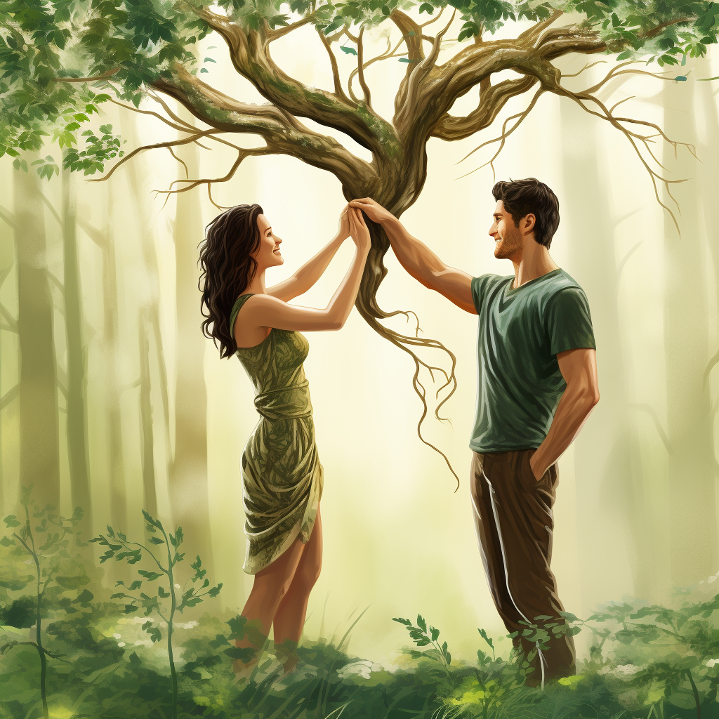 Happy couple holding hands with lush tree