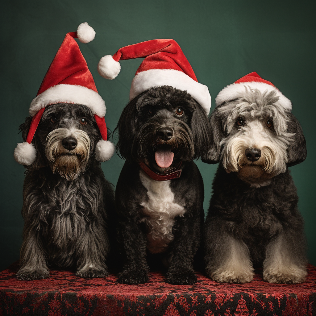 Black poodle, schnauzer, and golden retriever wearing Christmas hats