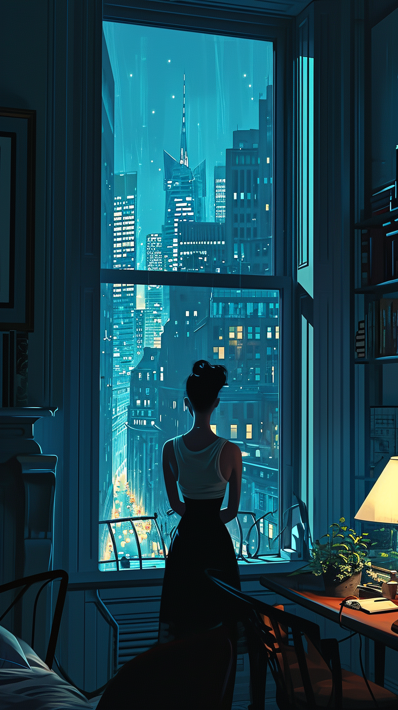 Illustration of Holly Golightly at her New York apartment