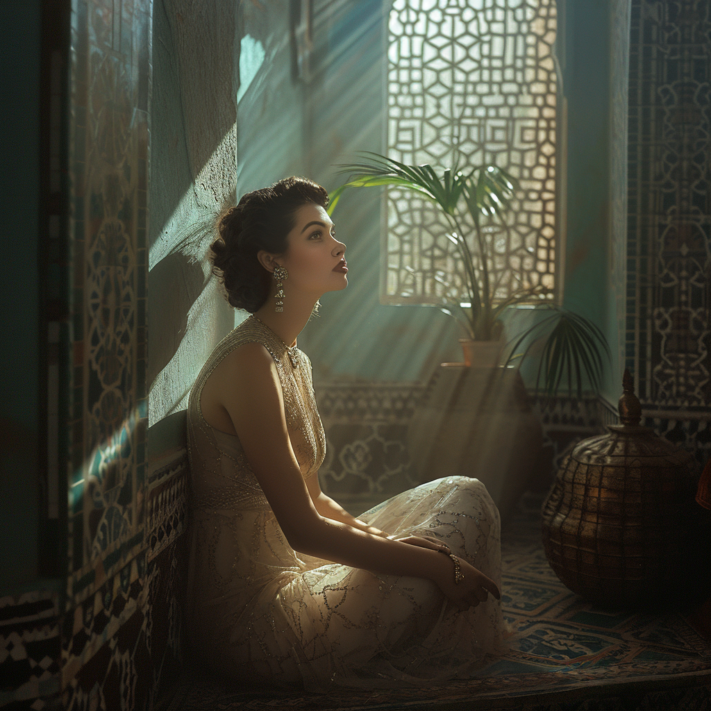 1950s Hollywood actress in Moroccan riad