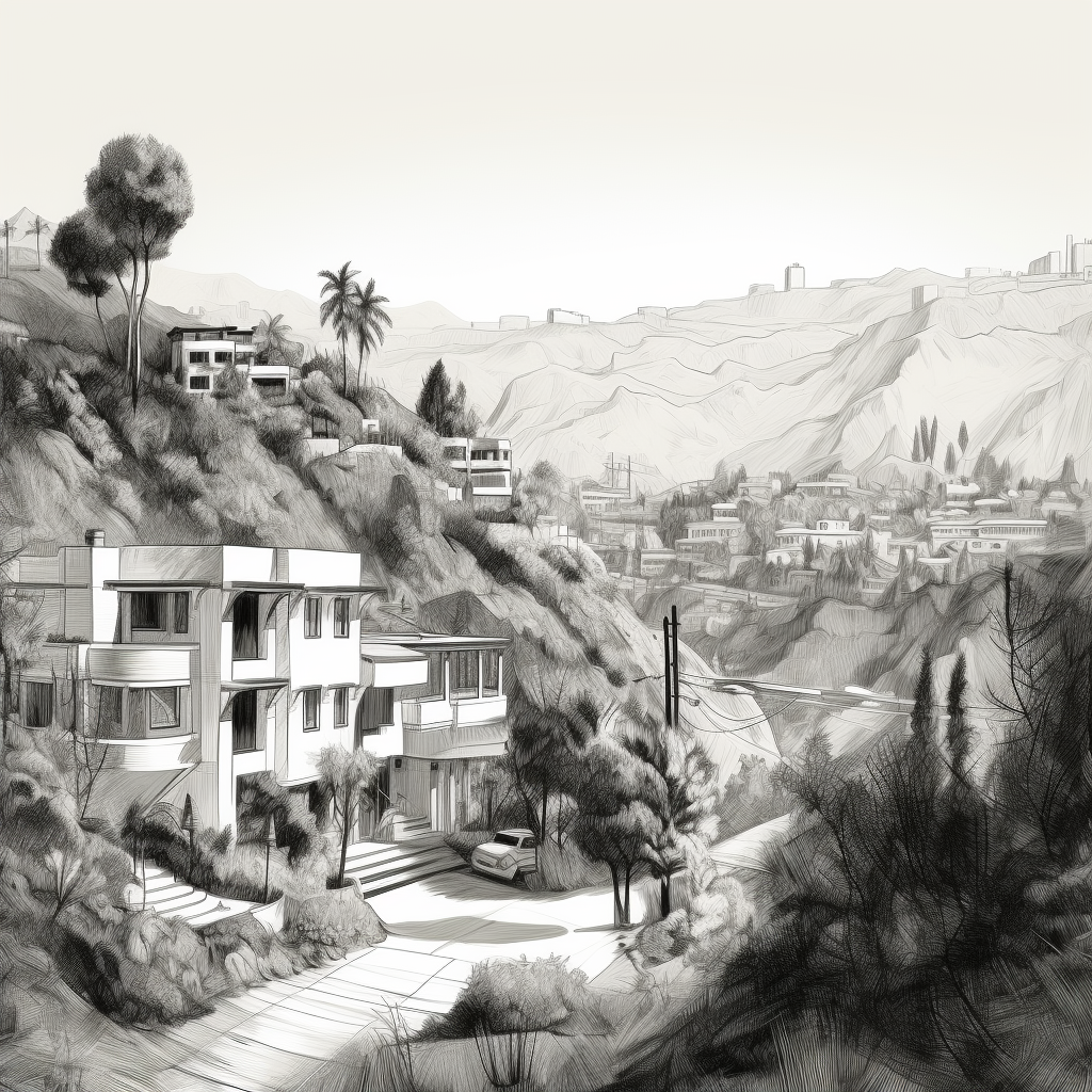 White sketch of Hollywood Hills