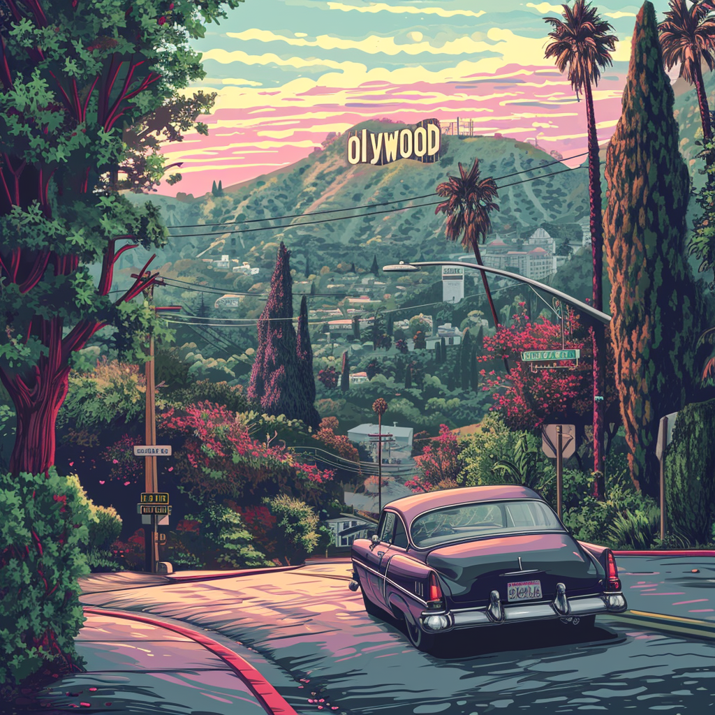 Hollywood scene illustration with psychedelic style