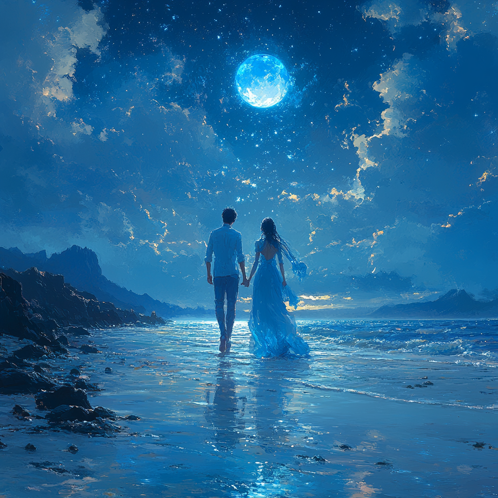 Man and woman on holographic beach