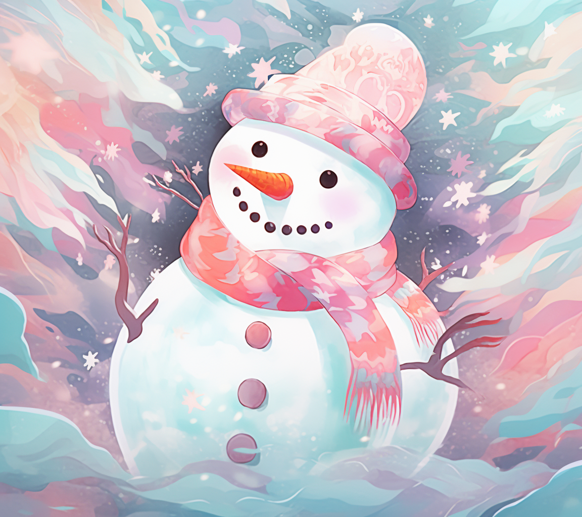 Adorable holographic snowman on pastel background