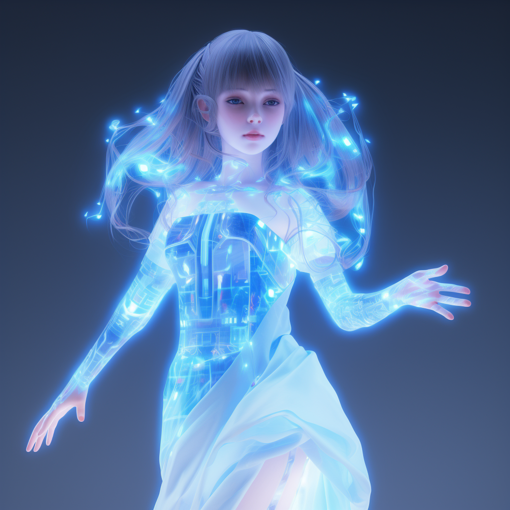 Translucent holographic girl with blue hair in the wind