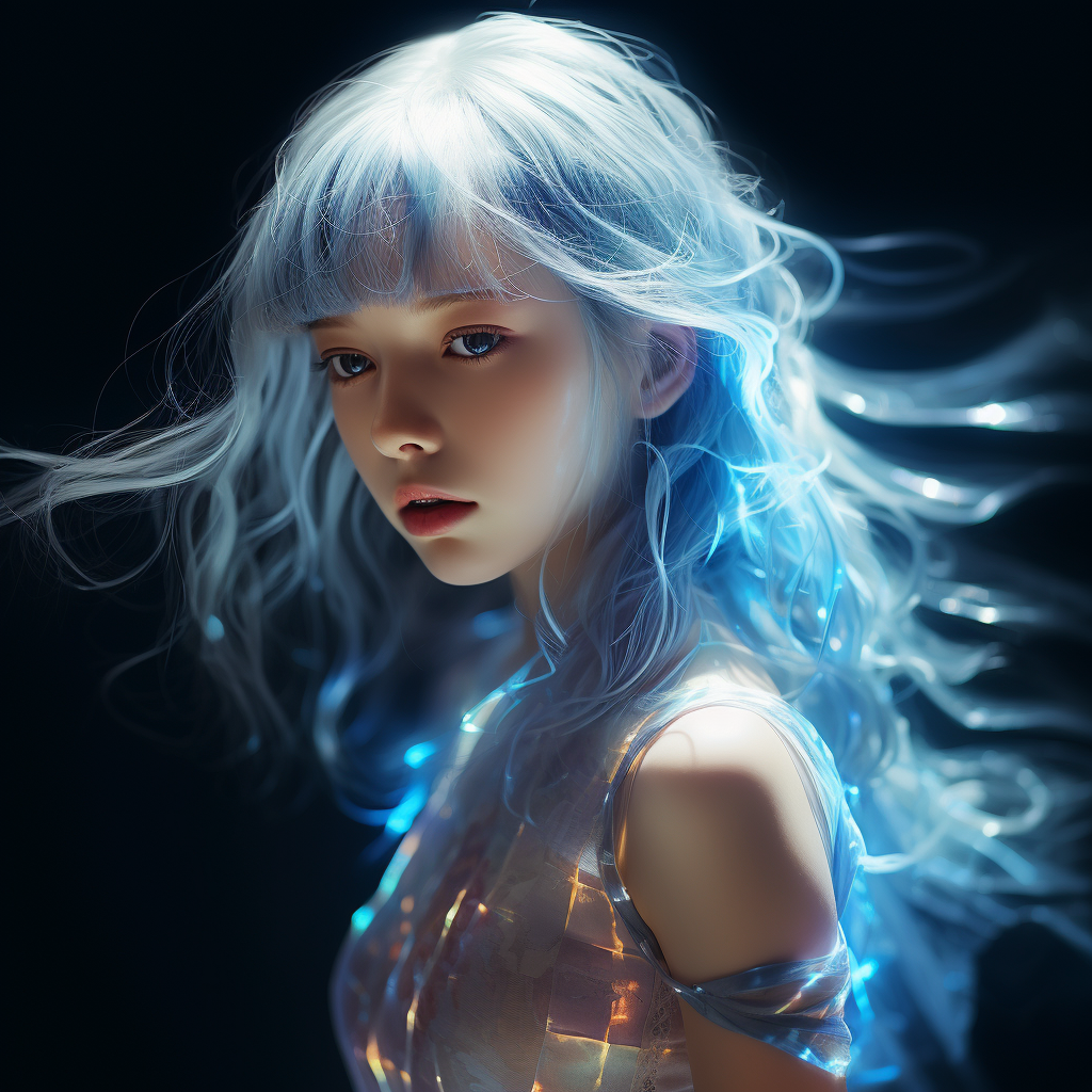 Translucent girl with blue hair surrounded by wind