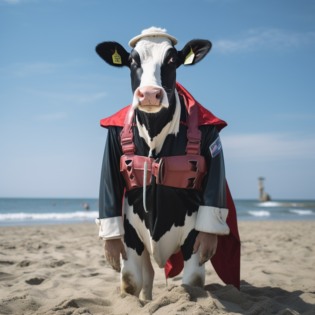 Holstein cow dressed as US lifeguard on beach