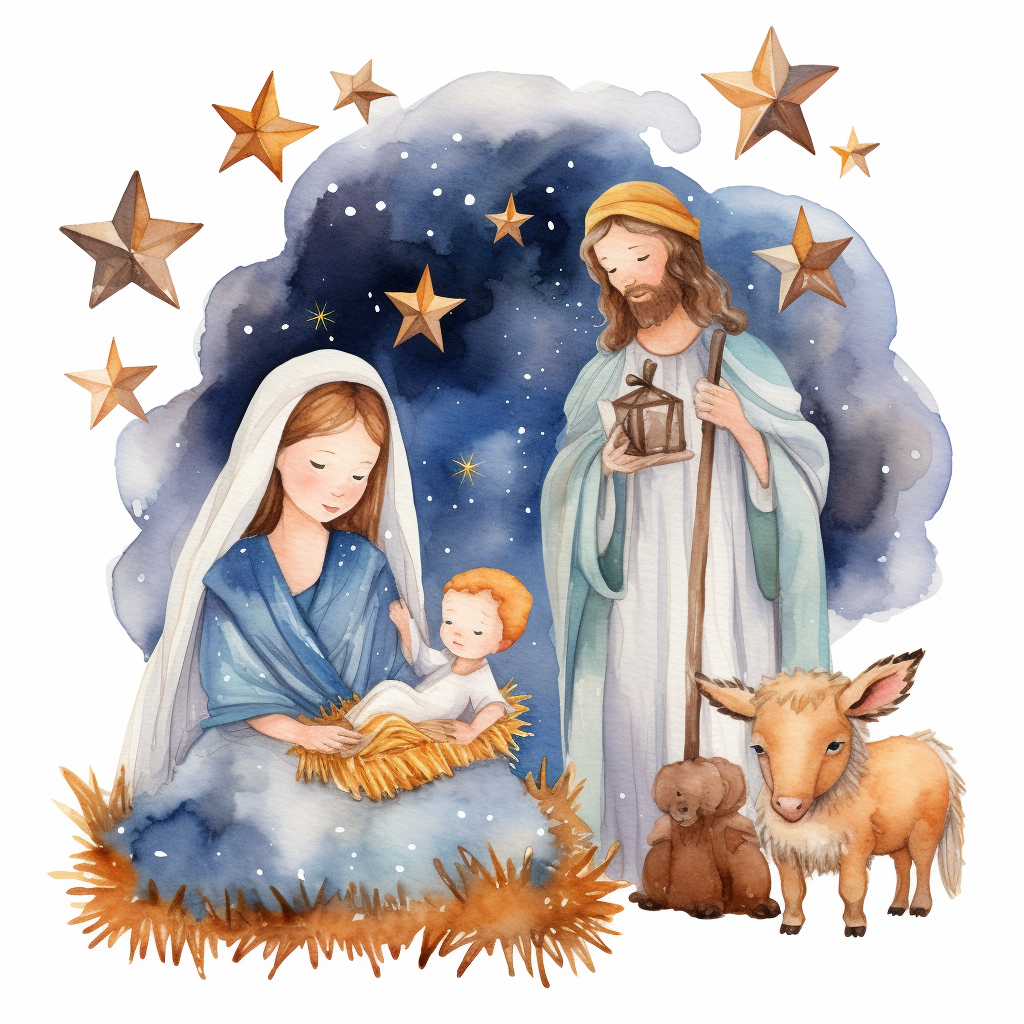 Cartoon Holy Nativity Christmas Watercolor Clipart