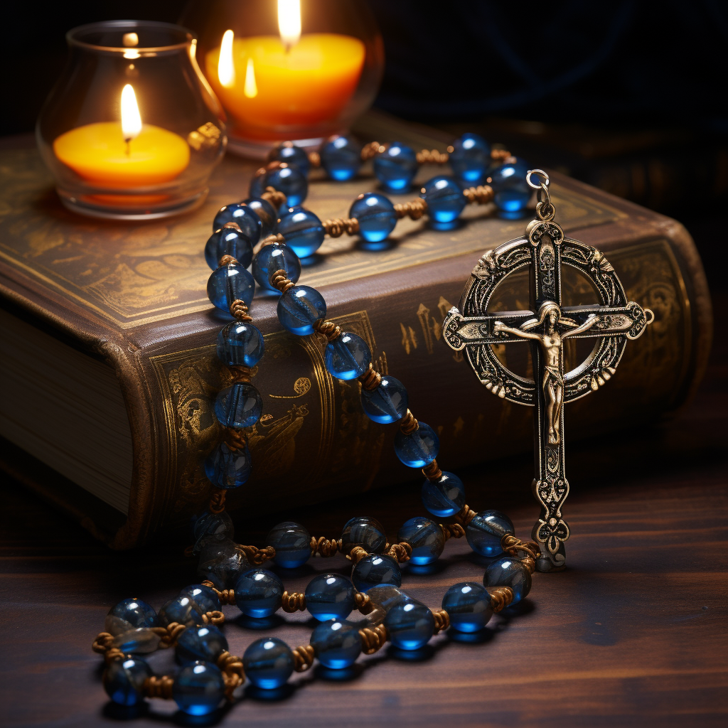 Dark-colored holy rosary with amber beads in blue light