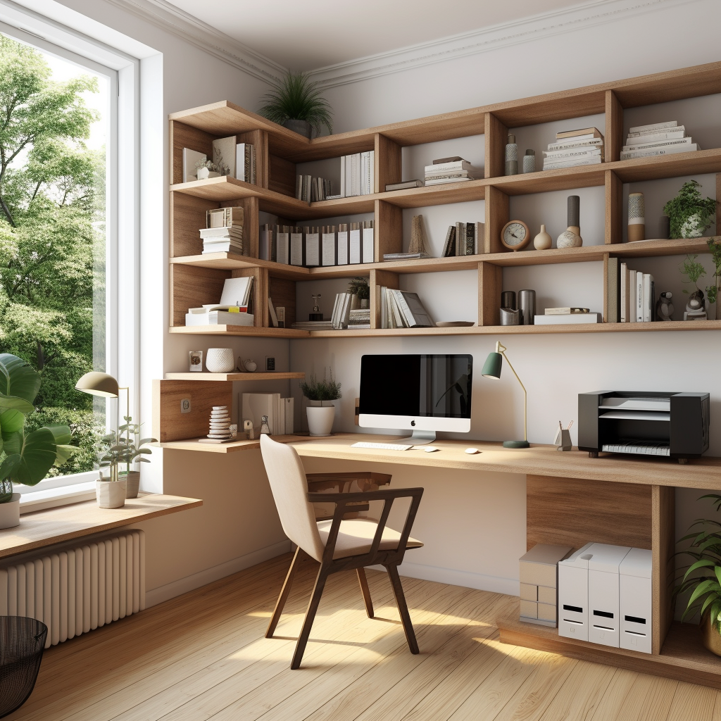 Home office corner desk bookshelf