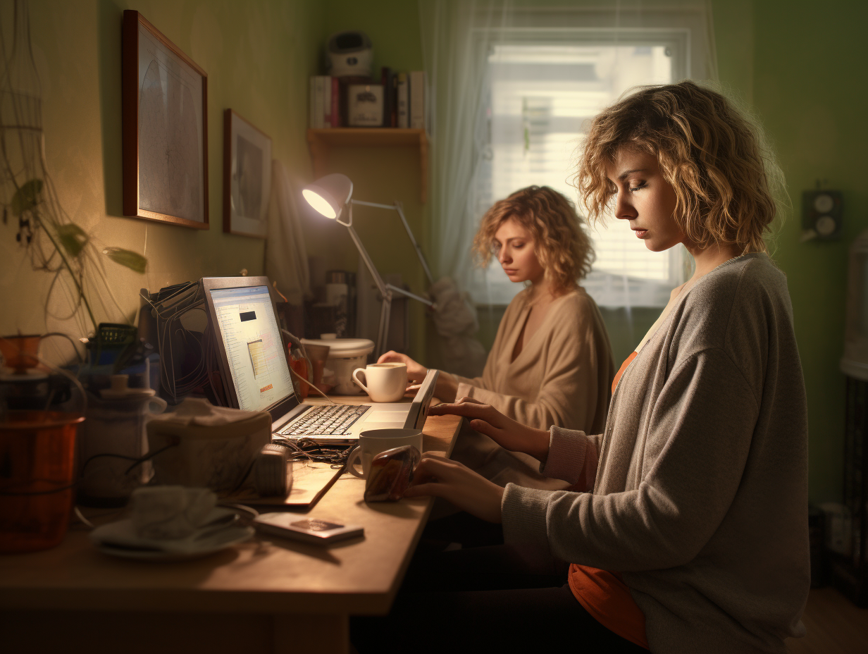 Two women drinking coffee while working