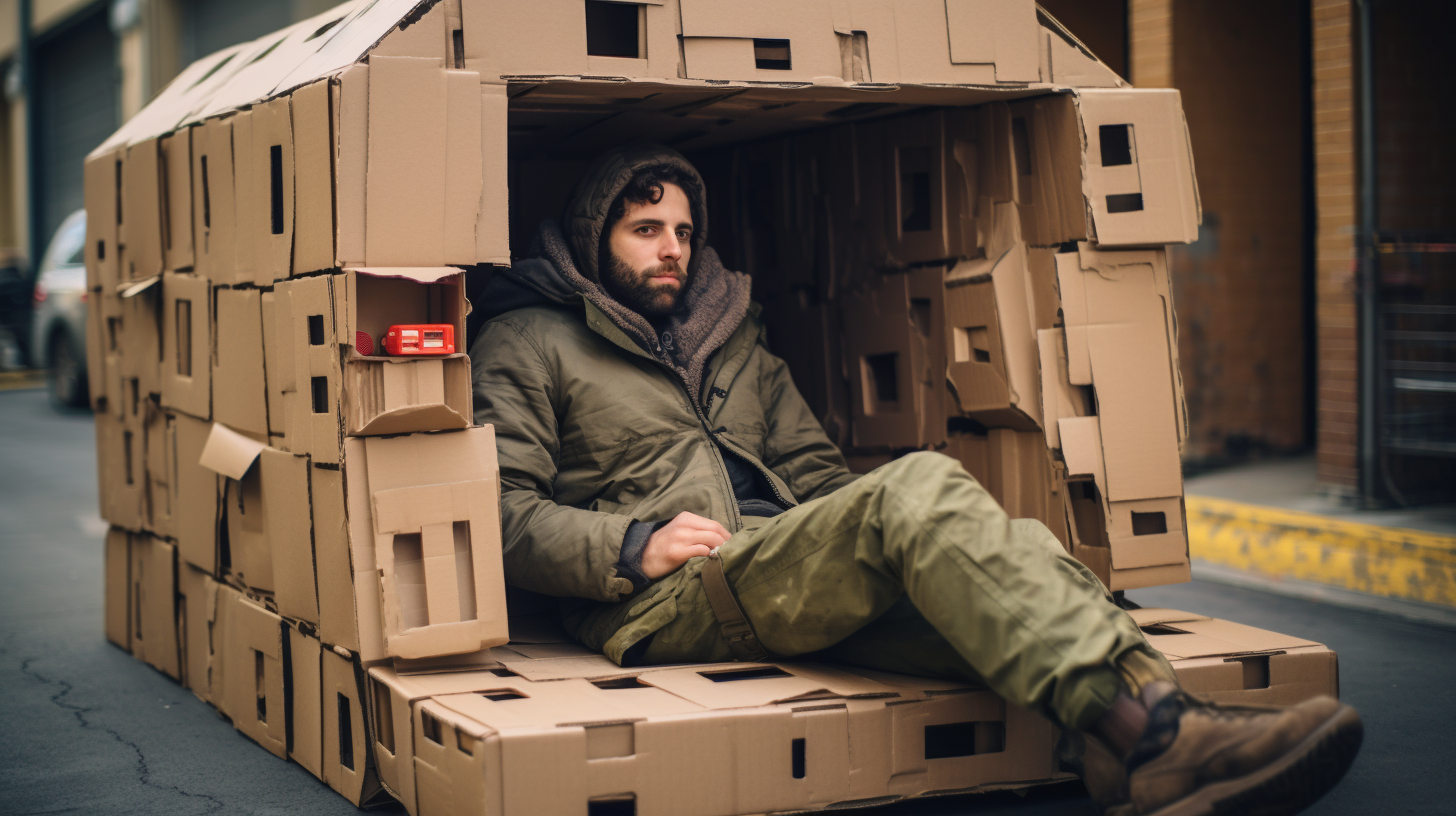 Homeless man in cardboard cell