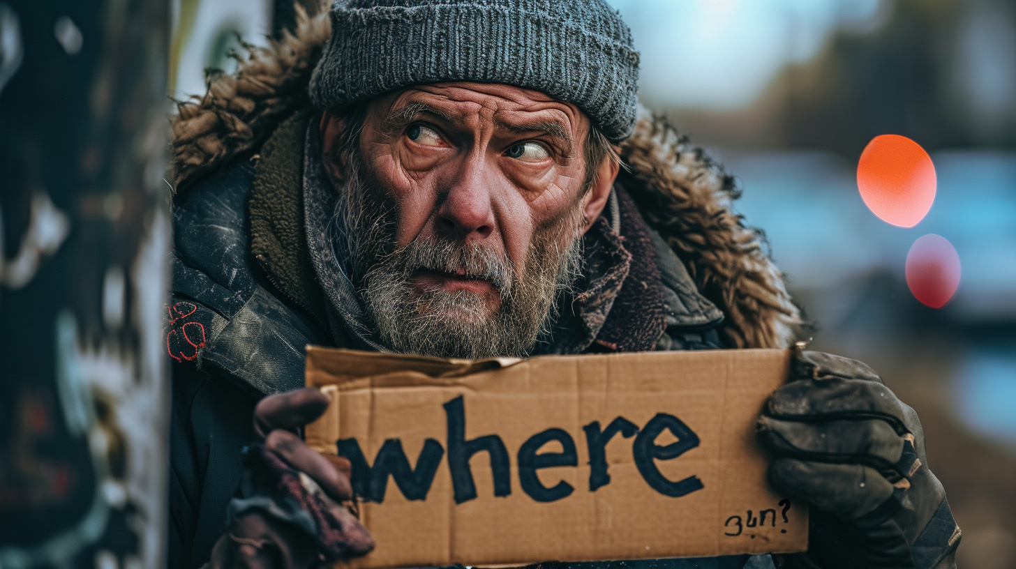 Homeless man with cardboard sign asking for a gun