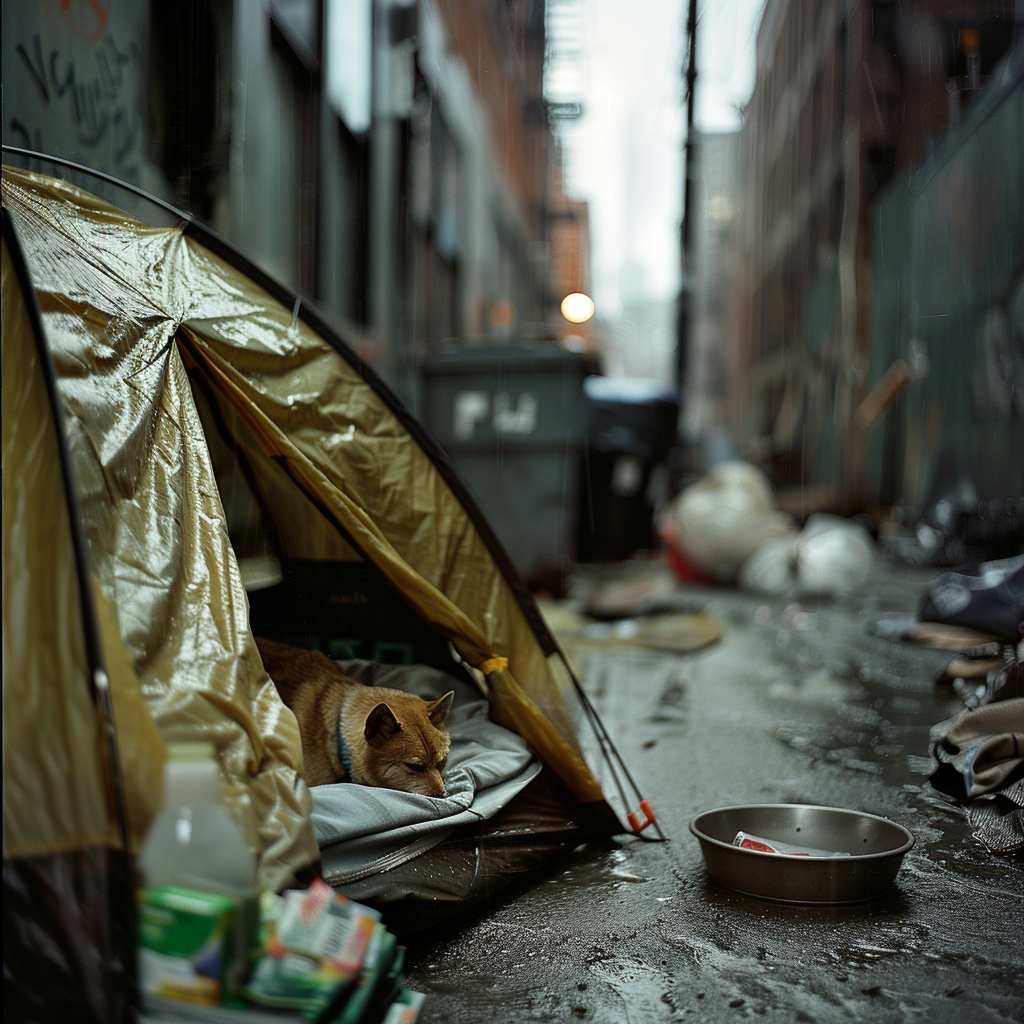 Homeless man tent with dog