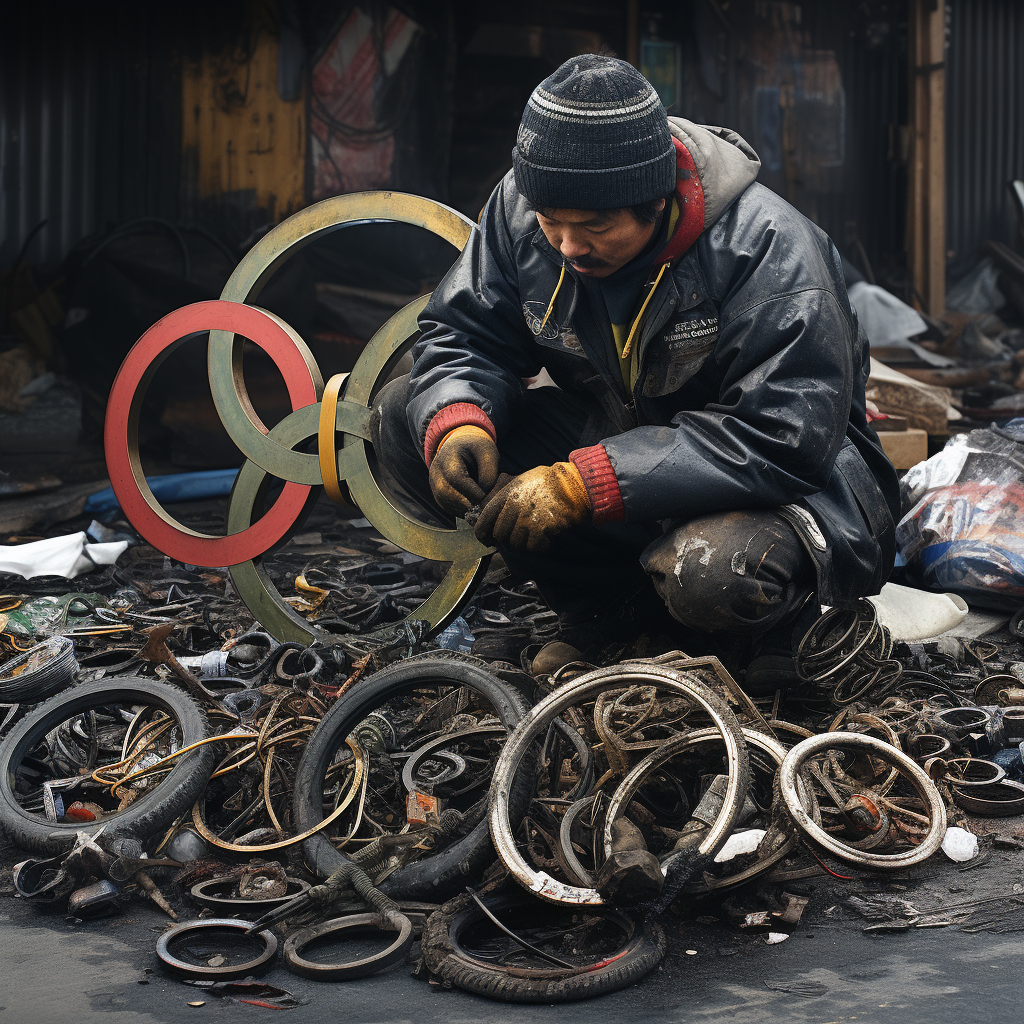 Homeless person disassembling Olympic rings for scrap metal