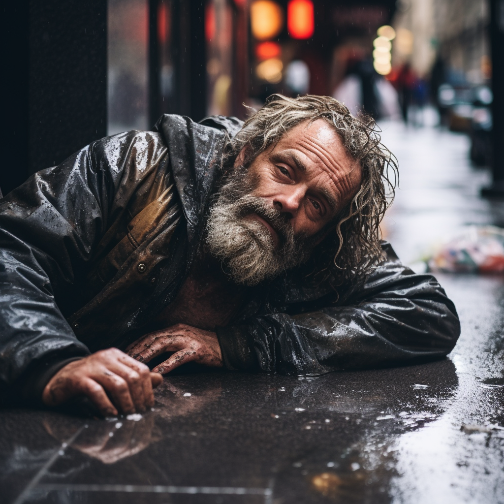 Homeless man in the rain