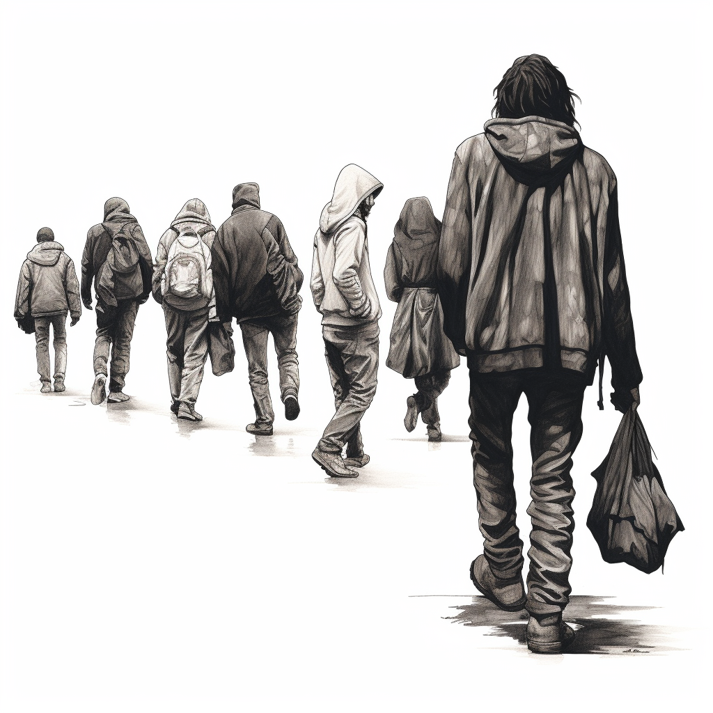 Black and white line art of a homeless man being followed