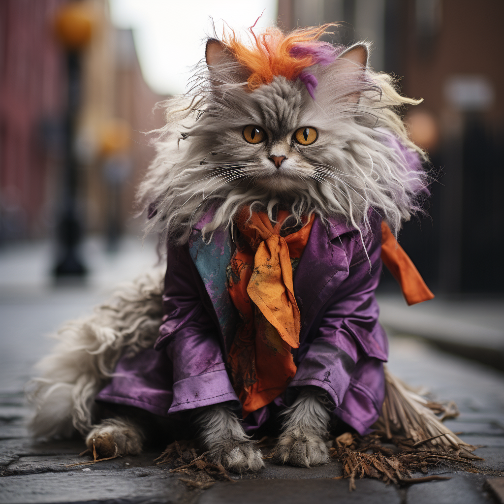 Adorable homeless Persian cat dressed as The Joker