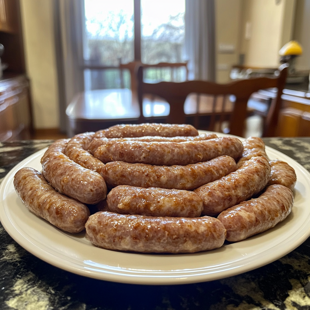 Pickled sausages on kitchen table