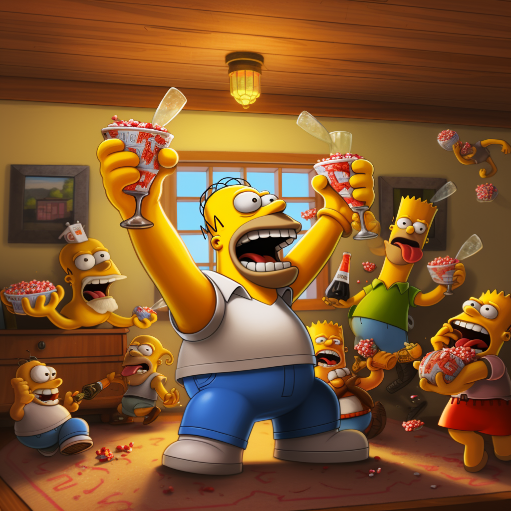 Homer and friends celebrating with cheers and toasts