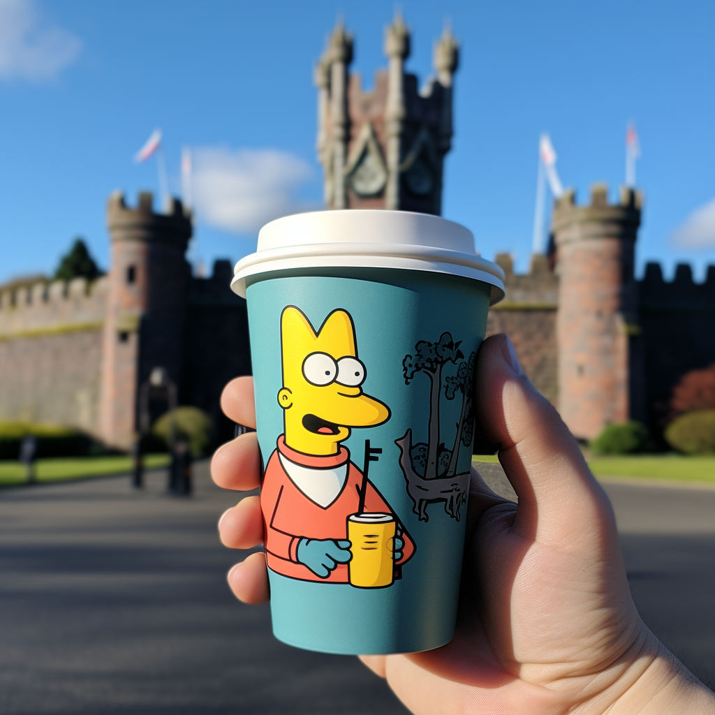 Homer Simpson holding Starbucks cup at Cardiff Castle