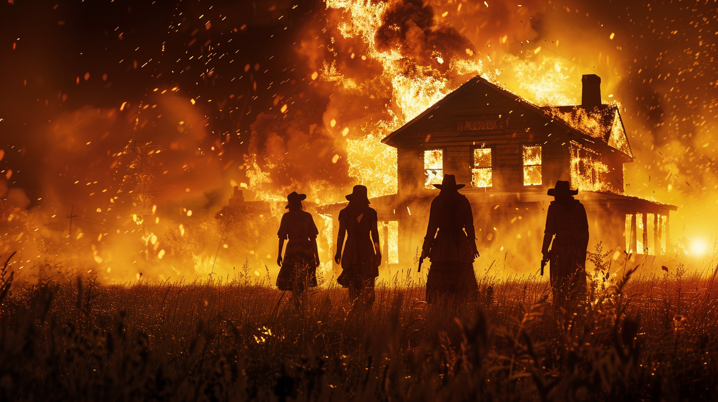 women silhouettes watching burning homestead