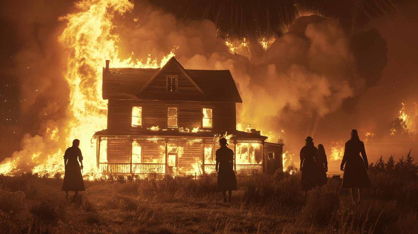 Hyperrealistic Film Still Homestead on Fire