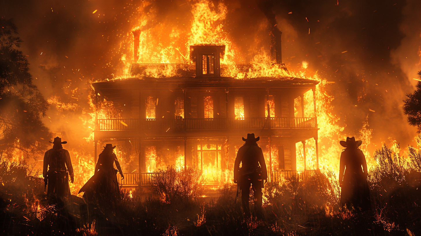 Homestead on Fire with Cowboy Posse