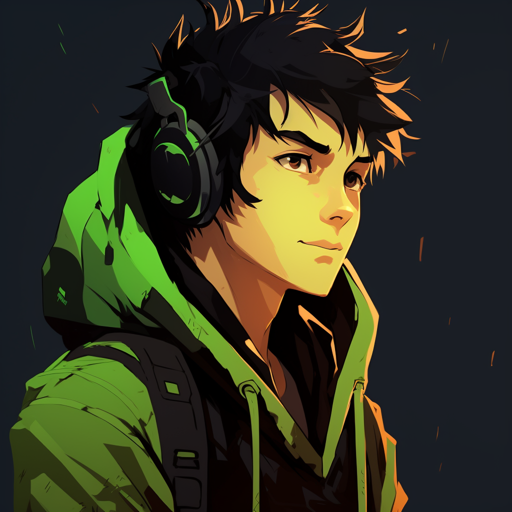 Young male with spiky black hair and green highlighted leaf hoodie