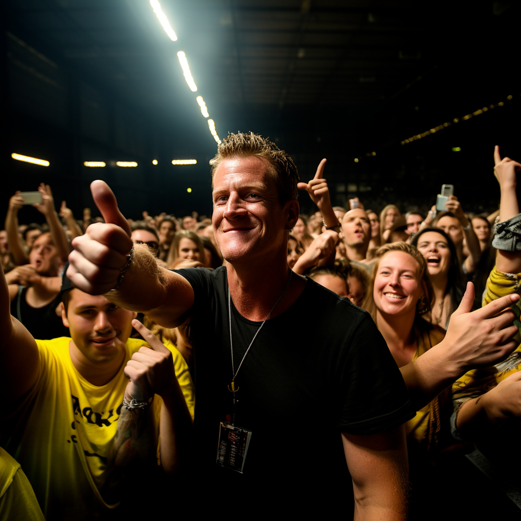 Josh Homme giving thumbs up to man in yellow shirt