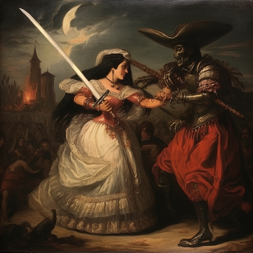 Honduran Egyptian vampire attacking witch with sword