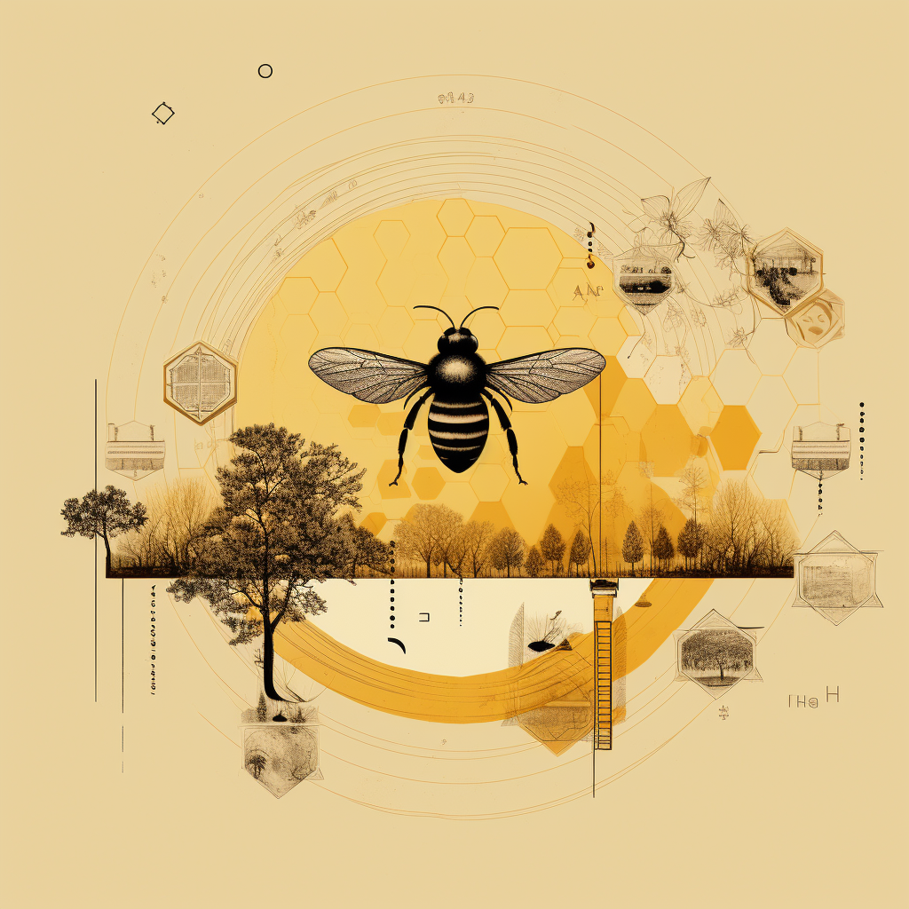 Honey Label, Bee Detail and Hive in Forest