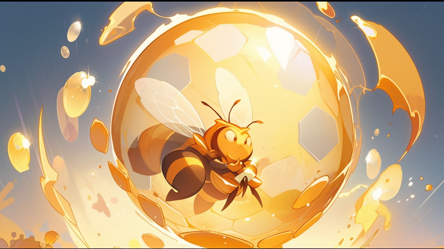 Smiling honey bee with sword and bubble shield