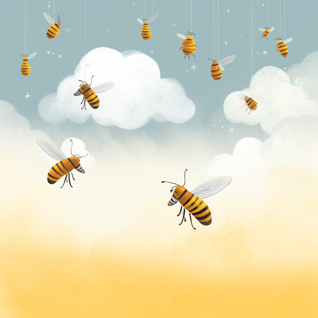 Honeybees flying in clear minimal illustration for kids book