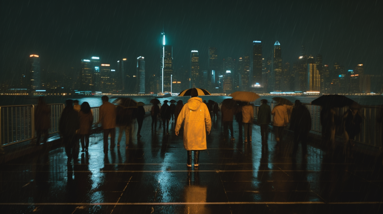 Neon-lit Hong Kong bridge in dark atmosphere