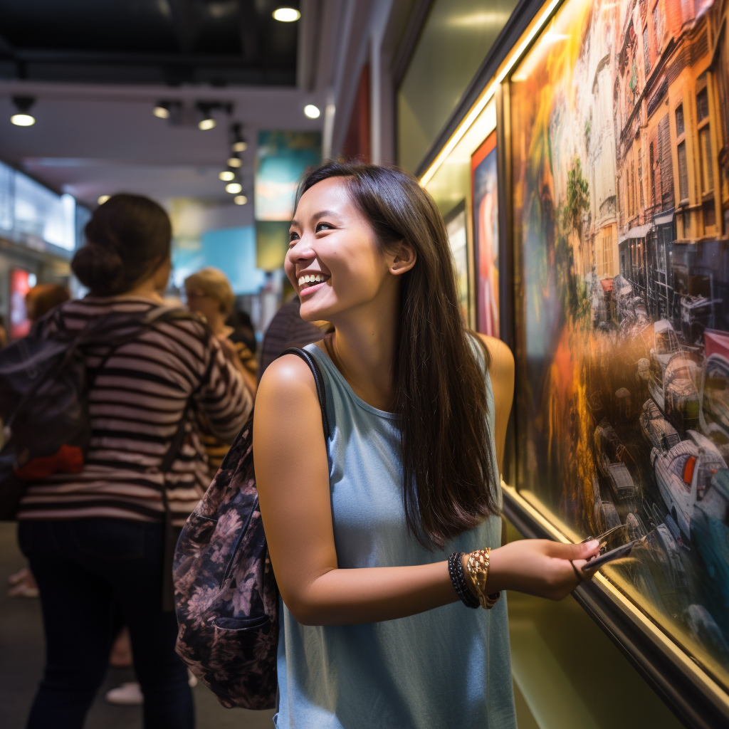 Smiling tourist at cultural heritage exhibit