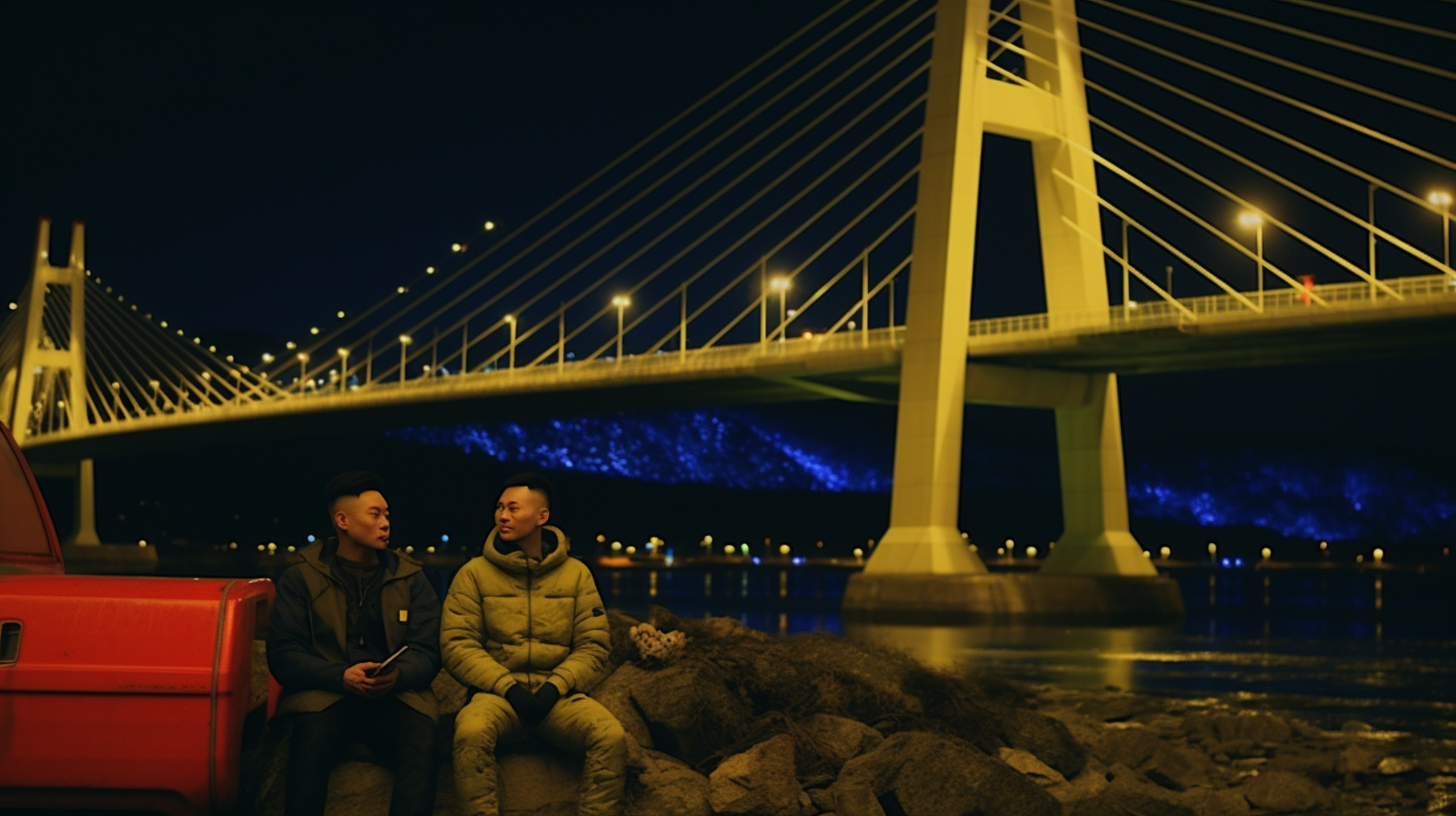 Men under neon-lit Hong Kong bridge