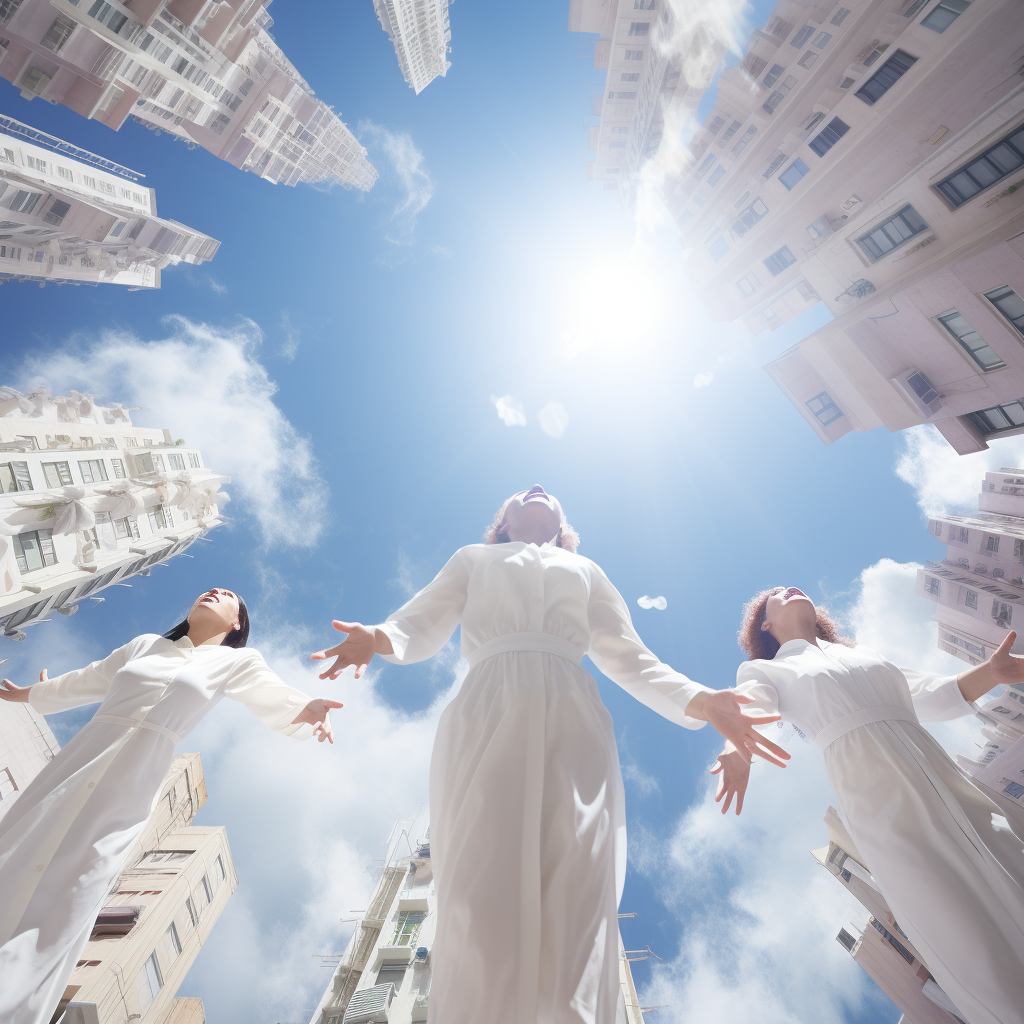 People in white ascending in the sky in Hong Kong