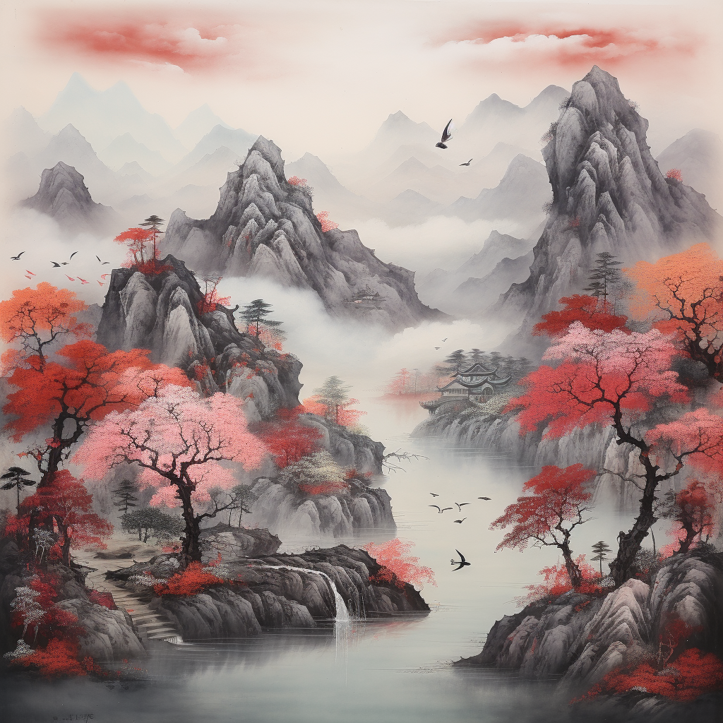 Red-themed Scenic Landscape Painting